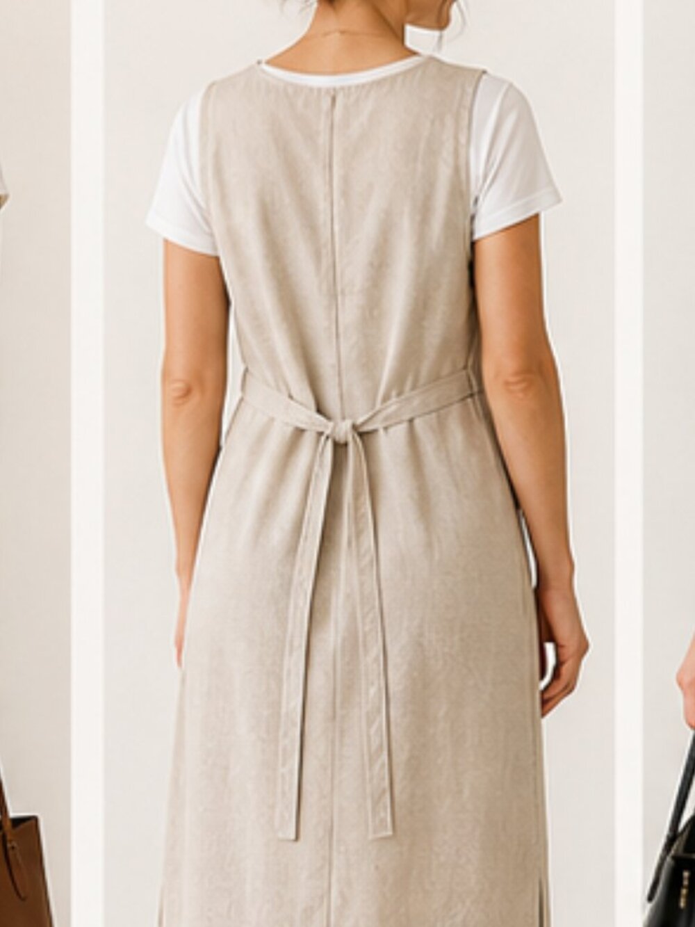 European Linen Blend Tie-Waist Dress – Natural Beige – XXL - Picture 3 of 10